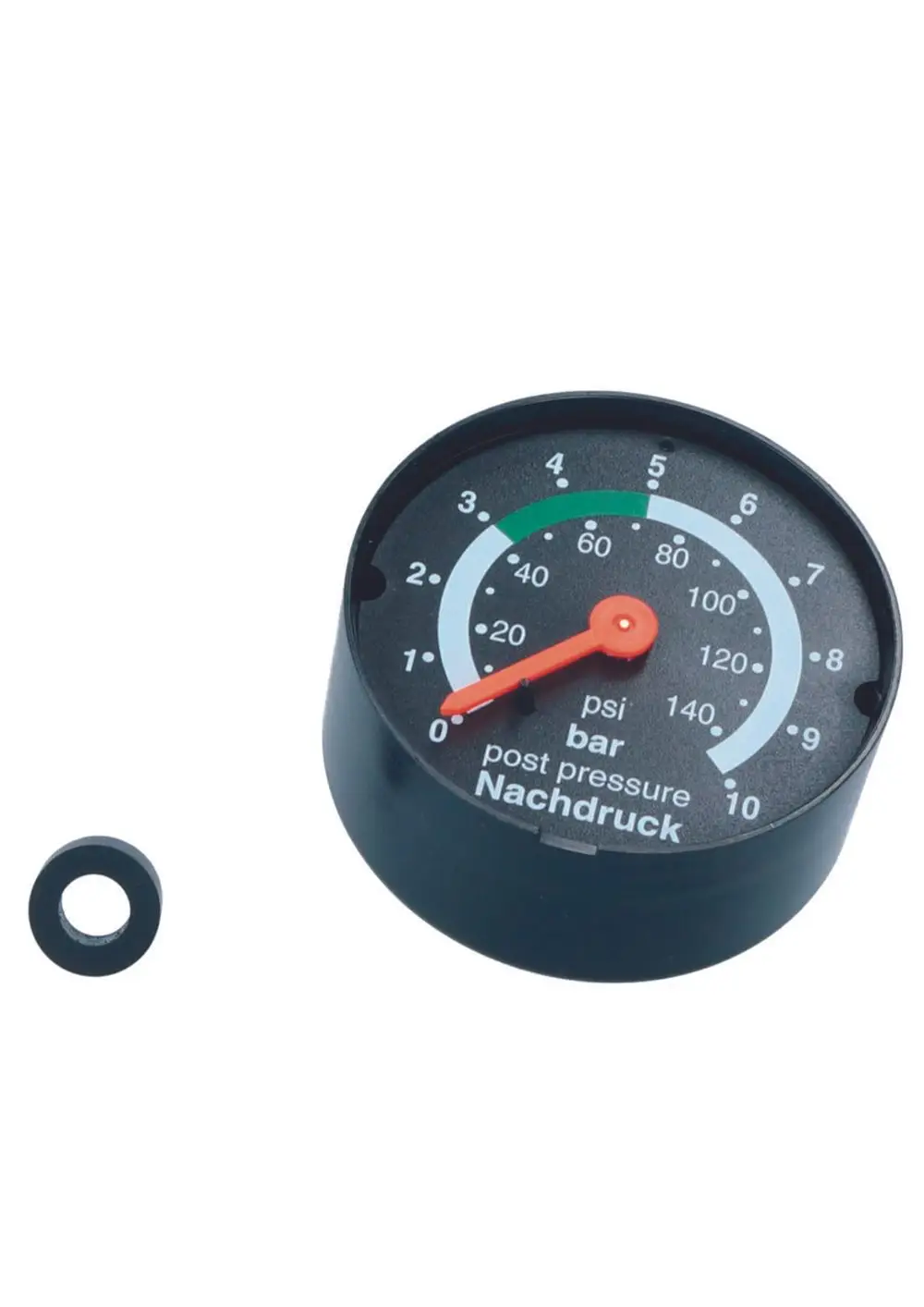 Manometer mit einer Skala von 0 bis 10 bar. Anschluss auf der Rückseite. Das Produkt gehört zur Marke Judo. Ein schwarzes Gehäuse mit einem Messzeiger in Rot.